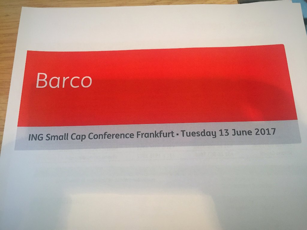 Barco's tweet photo. Meet #BarcoIR today @ING_news #SmallCapConference in #Frankfurt, powered by @BarcoClickShare ! https://t.co/9F8FkyIQ5r