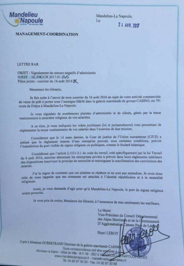 FeizaBM's tweet photo. Comme pour le #BurkiniGate dites moi que c'est un fake @MandelieuVille ? @hleroymandelieu vous avez vraiment écrit cette lettre de la honte? https://t.co/YIoET75cKx