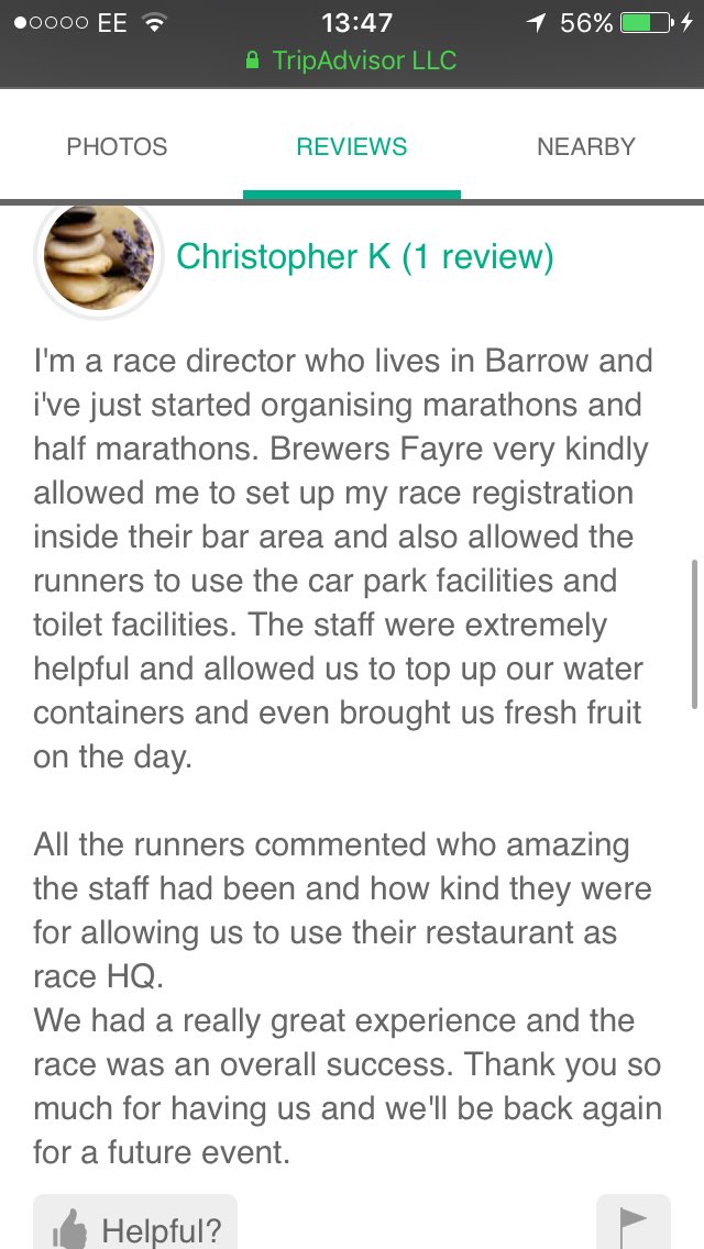 <a href="/WeAreSUGM/">WeAreSUGM</a> Good work to <a href="/Barrowbrewers/">Barrow Brewers Fayre</a>.   All marathon runners very happy. Lovely trip advisor left for us 🏃🏽‍♀️ <a href="/LiamG1703/">liam gladwin</a>  #TeamWork