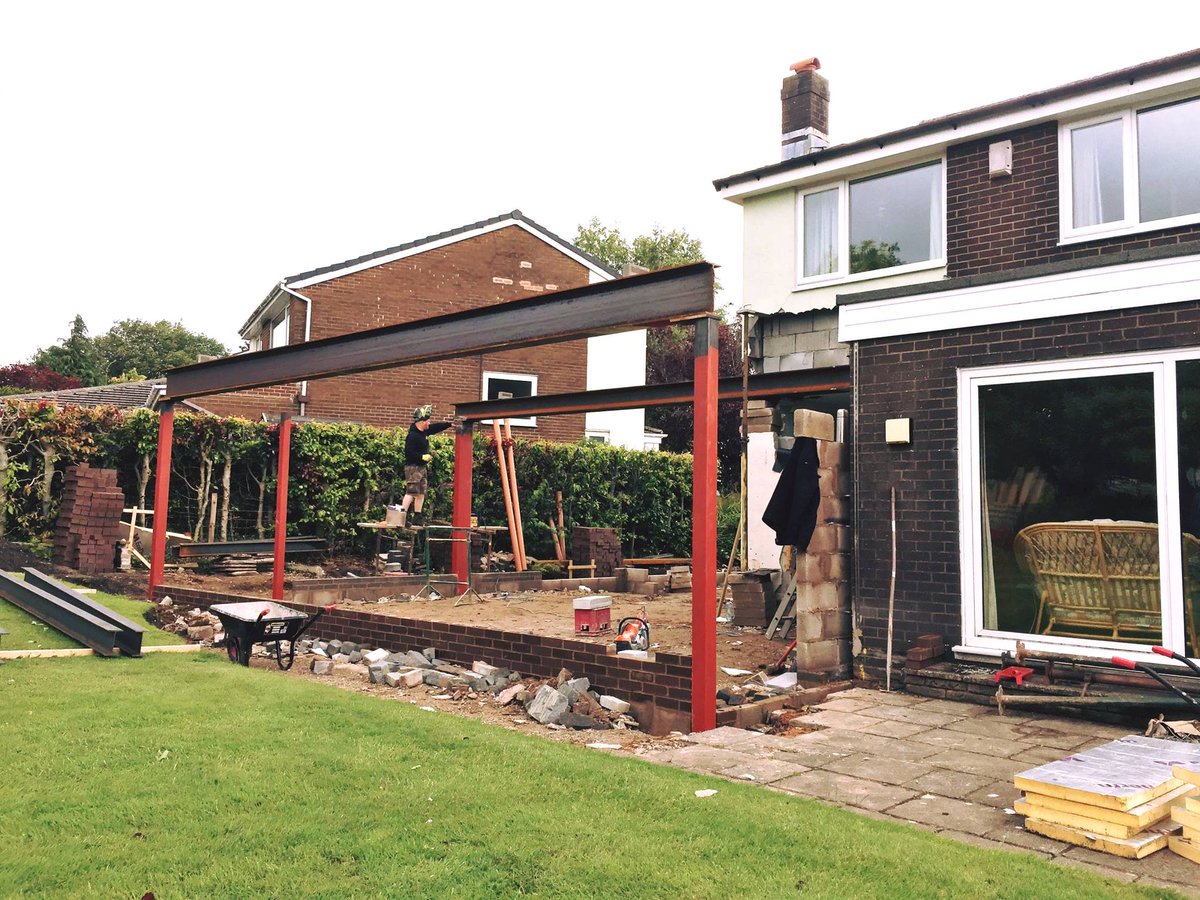 peterhitchenarc's tweet photo. Demolition complete and not the steel welding begins for the new extension t this classic 1970's property! @RibbleValleyBC #lancashire https://t.co/mLGIc5GHmI