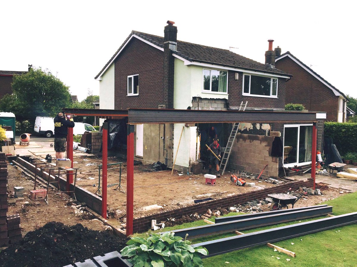peterhitchenarc's tweet photo. Demolition complete and not the steel welding begins for the new extension t this classic 1970's property! @RibbleValleyBC #lancashire https://t.co/mLGIc5GHmI