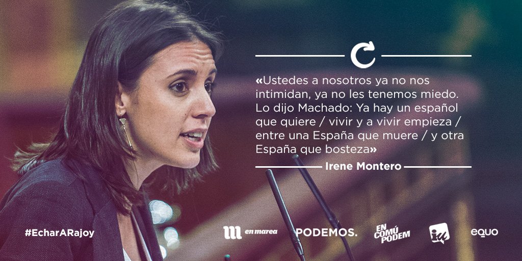 IzquierdaUnida's tweet photo. "Lo dijo Machado: Ya hay un español que quiere vivir y a vivir empieza,entre una España que muere y otra España que bosteza" @Irene_Montero_ https://t.co/j6pQ9B3TQv