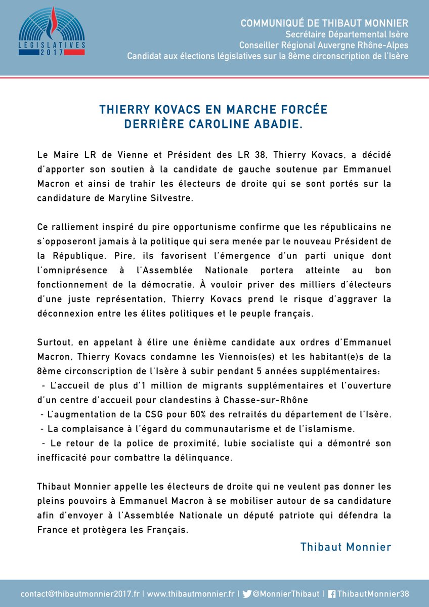 MonnierThibaut's tweet photo. 🔴 @Thierry_Kovacs En Marche forcée derrière @AbadieCaroline. Le 18 Juin, envoyez une véritable opposition patriote à l'AN ! 
#Circo3808 https://t.co/LIN6CBSKSC