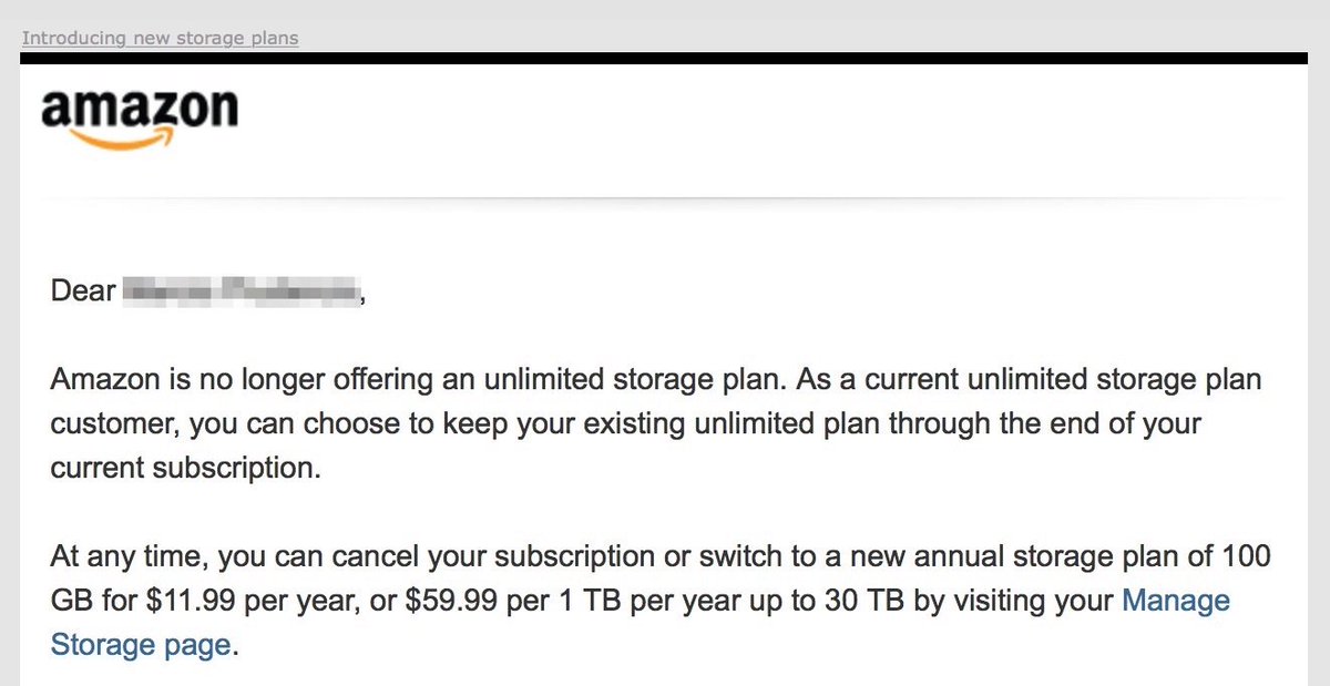 POWeLearning's tweet photo. Amazon take a step back on Unlimited Cloud offer, removing it from clients. #Amazon #Unlimited #Cloud #Storage #Fail #Sad https://t.co/UBYFFmna91