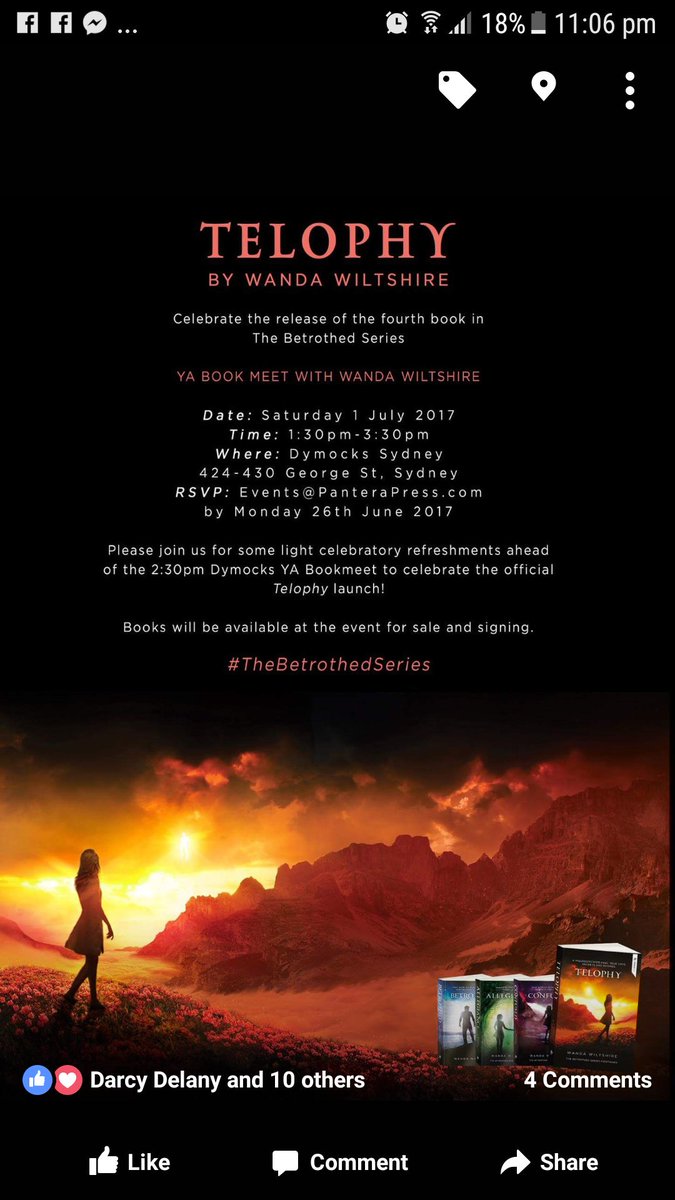 Wanda_Wiltshire's tweet photo. Come join me @Dymocks_Sydney on the 1st of July to celebrate the release of #Telophy, book four in the #betrothedseries https://t.co/JJHg7UsisZ