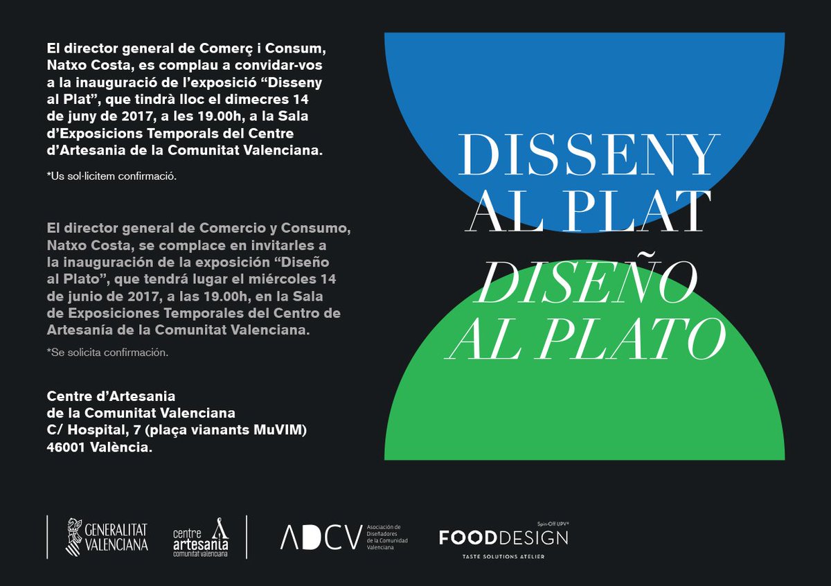 Demà a les 19h <a href="/NatxoCosta/">Natxo Costa</a> inaugura l'exposició "Disseny al plat" al <a href="/GVAartesania/">Centre Artesania CV</a> <a href="/ADCV_com/">ADCV</a> <a href="/FoodDesignSpain/">Food Design</a>