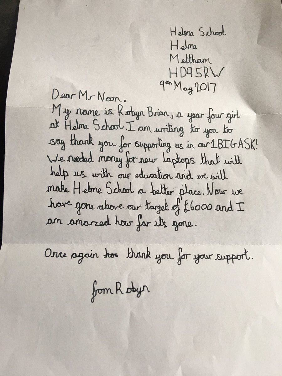 hashtagmeltham's tweet photo. Recieved this lovely letter from a pupil at @HelmeSchool about their @1BigAsk campaign. New laptops are now being installed! #Success https://t.co/fhxWSnYvqt