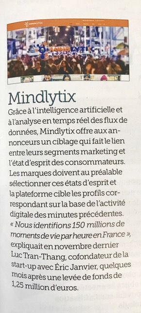 .<a href="/MindLytiX/">MindLytiX</a> sélectionnée parmi les 15 pépites françaises de l'#AdTech par <a href="/Strategies/">Strategies</a> (numéro 100% Tech) cc <a href="/LucTranThang/">Luc Tran-Thang</a> <a href="/Ericjanvier/">Eric Janvier</a>