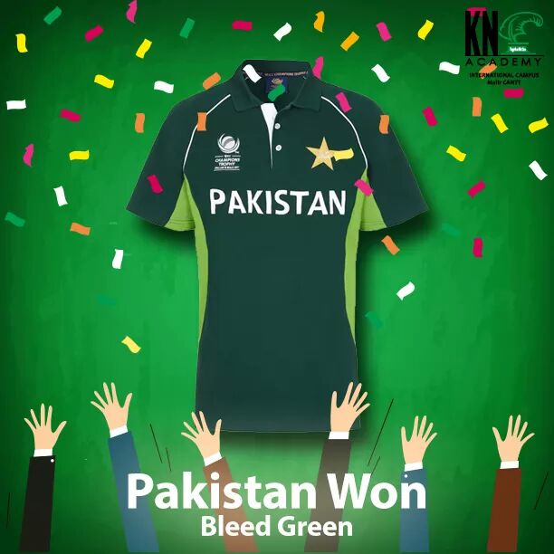 WeLikePakistan's tweet photo. Proud moment for Pakistan, We Bleed Green and now in Semis ALHAMDULILAH!
#CT2017 #PakVsSL #KNAcademyIntCampus https://t.co/7DyH850Xak