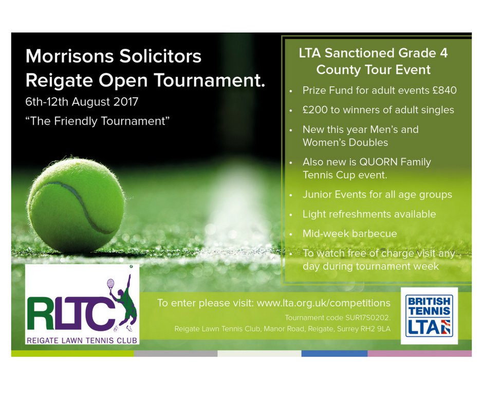 ReigateLTC's tweet photo. Morrisons Solicitors Reigate Open entries open from 22nd June!  @MorrLaw #reigateopen https://t.co/EY1K5MsWxu