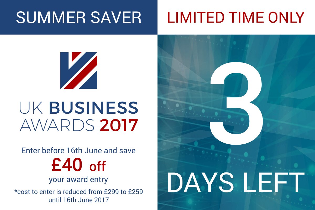 PS_Awards's tweet photo. The clock is ticking! Enter @ukbusinessaward and receive £40 pounds off your entry! https://t.co/iMvOKQzzQp https://t.co/HsJkdk1irG