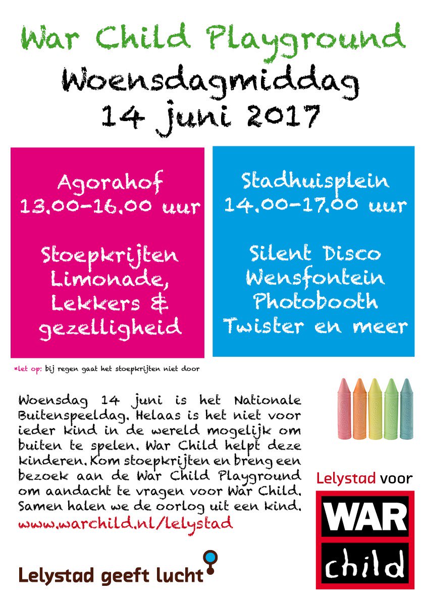 Morgenmiddag in <a href="/Lelystad/">Lelystad</a> de @WarChildHolland Playground! Kom lekker buitenspelen en geef iets voor de oorlogskinderen die dat niet kunnen