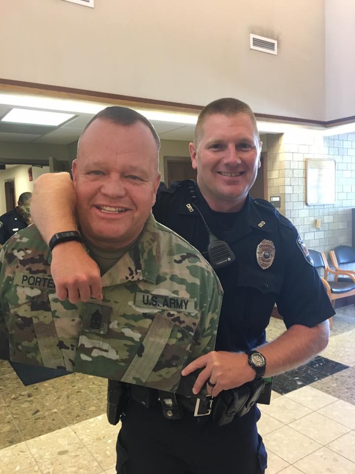 OlathePolice's tweet photo. #flatchuck AKA 1SG Porter stopped by to catch up with his brothers & sisters in blue while deployed. Great to see you! #ThanksForYourService https://t.co/VYJ0l7kKBB