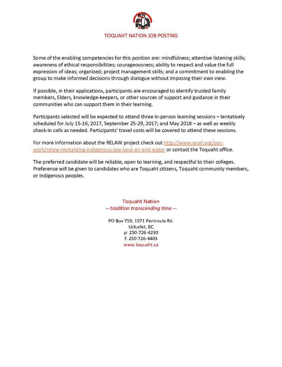 We are hiring a part-time researcher to work w/ Nuu-chah-nulth law to produce a Toquaht Environmental Management Plan. A great opportunity!