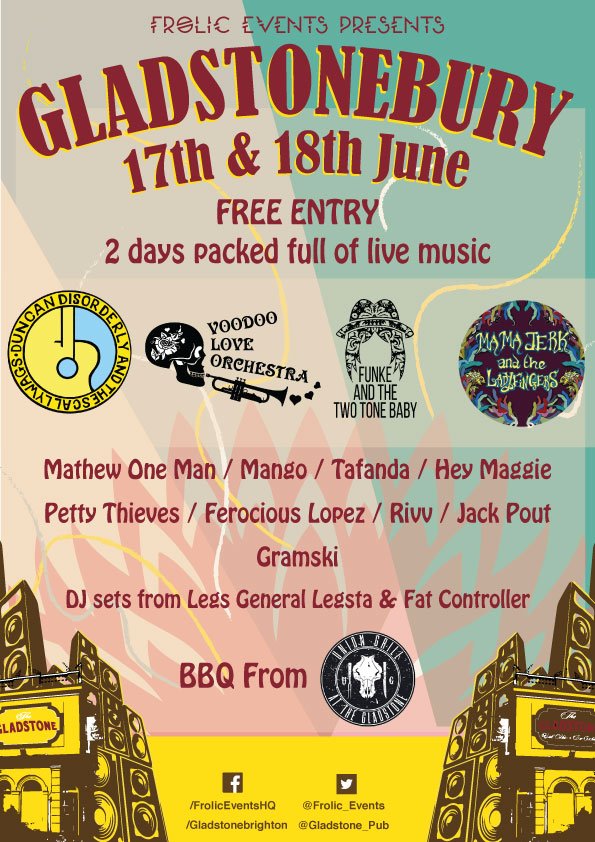 This weekend <a href="/Gladstone_Pub/">GLADSTONE BRIGHTON</a> #GladstoneburyFest. #FreeEntry 2 full days of music. <a href="/BrightonWOT/">Brighton Whats On</a> <a href="/SussexWhatsOn/">WhatsonEventsSussex</a> <a href="/Love_Brighton/">VisitBrighton</a> #Brighton