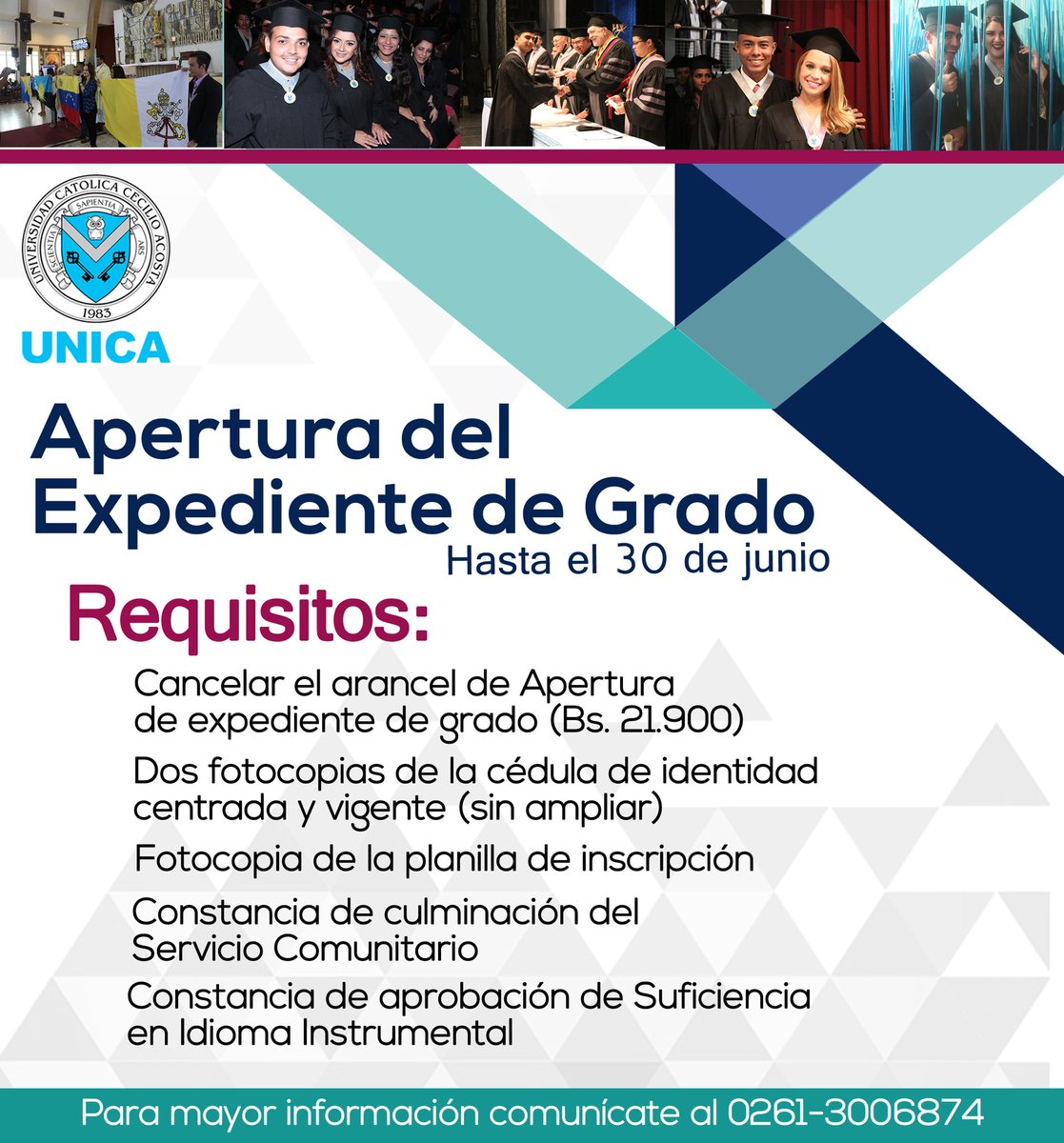 UNICAeduve's tweet photo. Aún estás a tiempo de abrir tu expediente de #GradoUNICA. ¡Apúrate! 
El 30/6 cierra el proceso. 
Más info: 0261-3006874 | grado@unica.edu.ve https://t.co/BHZqcSD4Km