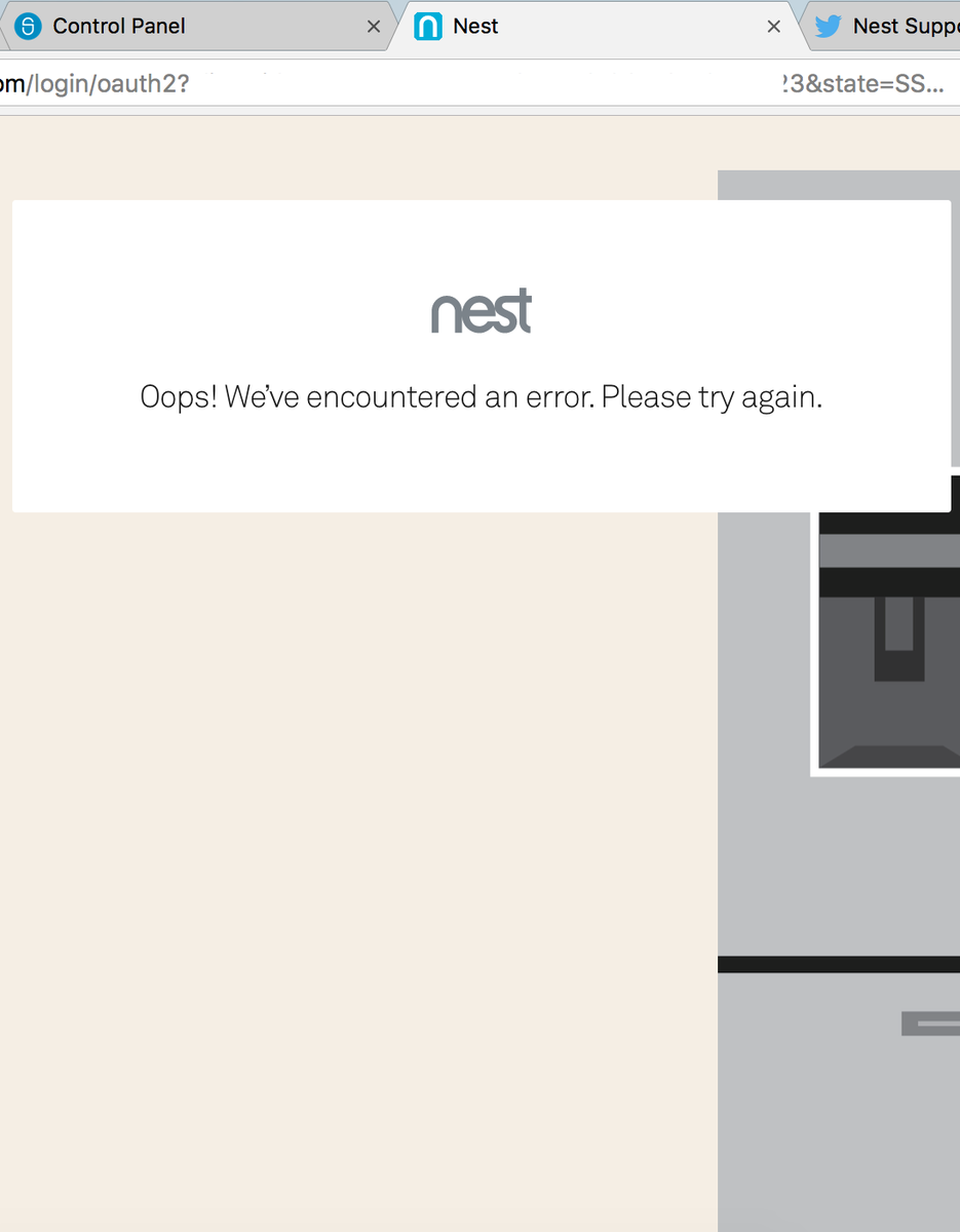 __aa__ab__'s tweet photo. @nestsupport @SimpliSafe getting some oauth errors for 2 hrs adding nest. no longer syncing with my alarm anymore either. is there an issue? https://t.co/QprCyfFbHS