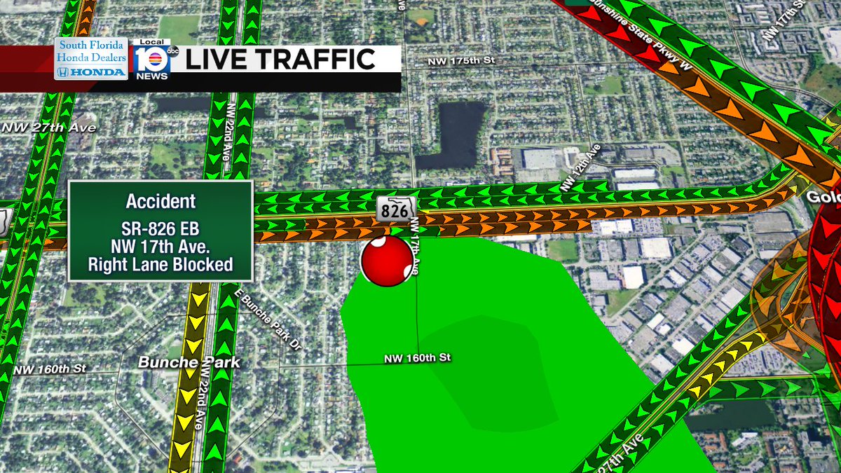 CRASH: SR-826 EB & NW 17th Ave. A right lane is blocked. Expect delays. #TRAFFIC #MIAMI https://t.co/cAXRZ9U2F4