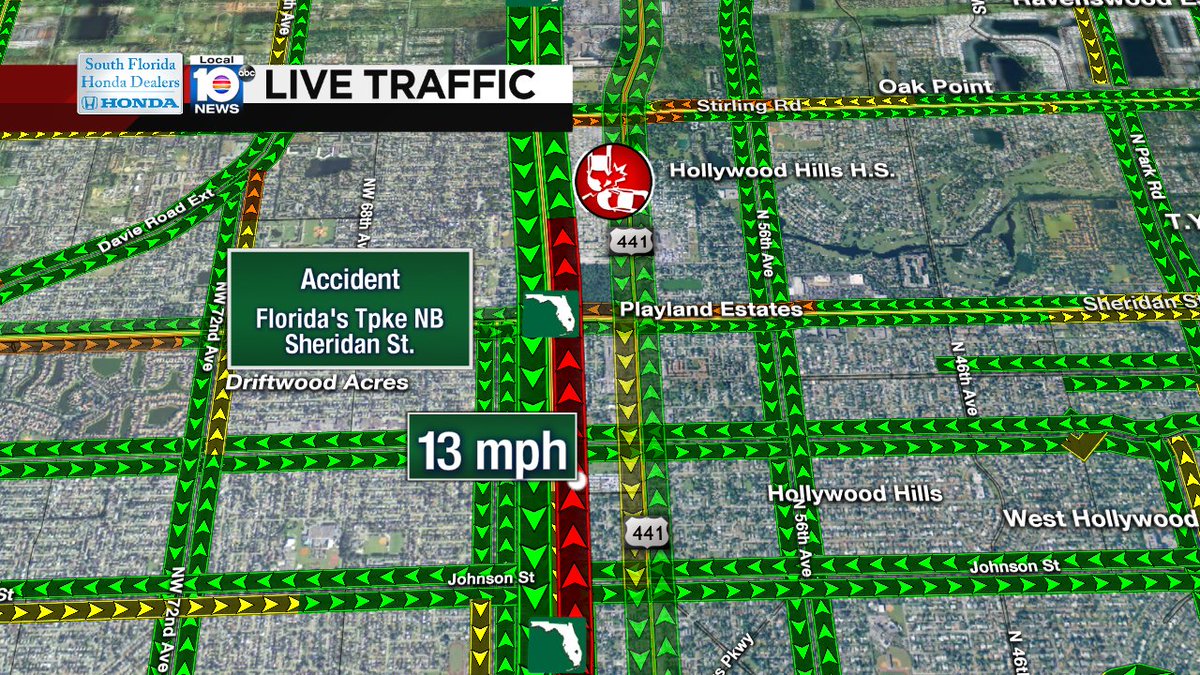 CRASH: Florida's Tpke NB & Sheridan St. Expect lots of delays with speeds at 13 MPH. #TRAFFIC https://t.co/9T78VM5Vbn