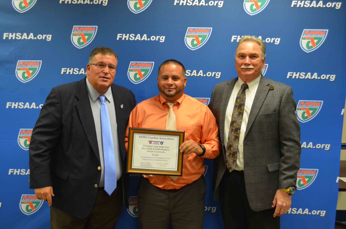 FHSAA's tweet photo. Congrats to Steven A. Gonzalez, the 2016 @NFHS_Org Boys Track & Field State Coach of the Year #FHSAA. Won award as coach at @PalatkaHS. https://t.co/SgCO6Sprpp