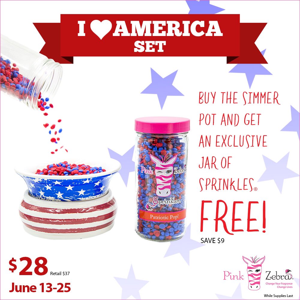 PinkZebraHome's tweet photo. Buy this Americana Simmer Pot and receive a Jar of Patriotic Pop Sprinkles FREE!Through 6/25 or while supplies last. https://t.co/sVHVMc2ls2 https://t.co/ryzDQLmuE5