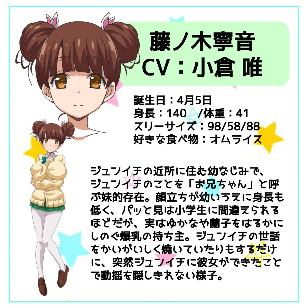 はじめてのギャル Tvアニメ公式 Su Twitter はじギャルキャラクター紹介 藤ノ木寧音 Cv 小倉唯 ジュンイチの近所に住む幼なじみで ジュンイチのことを お兄ちゃん と呼ぶ妹的存在 ジュンイチの世話をかいがいしく焼いていたりもするだけに 突然ジュンイチに