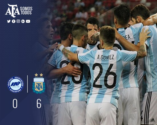 Argentina's tweet photo. ¡Final del partido! @Argentina derrotó 6-0 a Singapur con tantos de Fazio, Correa, Gómez, Paredes, Alario y Di María #VamosArgentina 🇦🇷 https://t.co/LecdPhfTeM