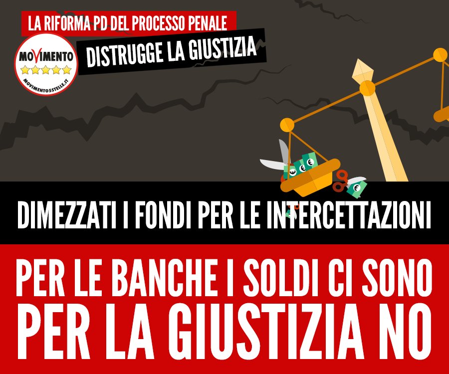 Mov5Stelle's tweet photo. Taglio 50% fondi intercettazioni: i giudici non potranno cercare prove contro mafiosi, terroristi e corrotti. #DistruggonoLaGiustizia https://t.co/1QQa1Rg0mI