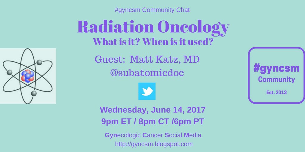 gyncsm's tweet photo. Join us for #GynCSM chat Wed June 14 at 9pmET #cervical #ovarian #uterine #primaryperitoneal #endometrial #tubal #GTDisease #vaginal #vulva https://t.co/1sGh4xErAx