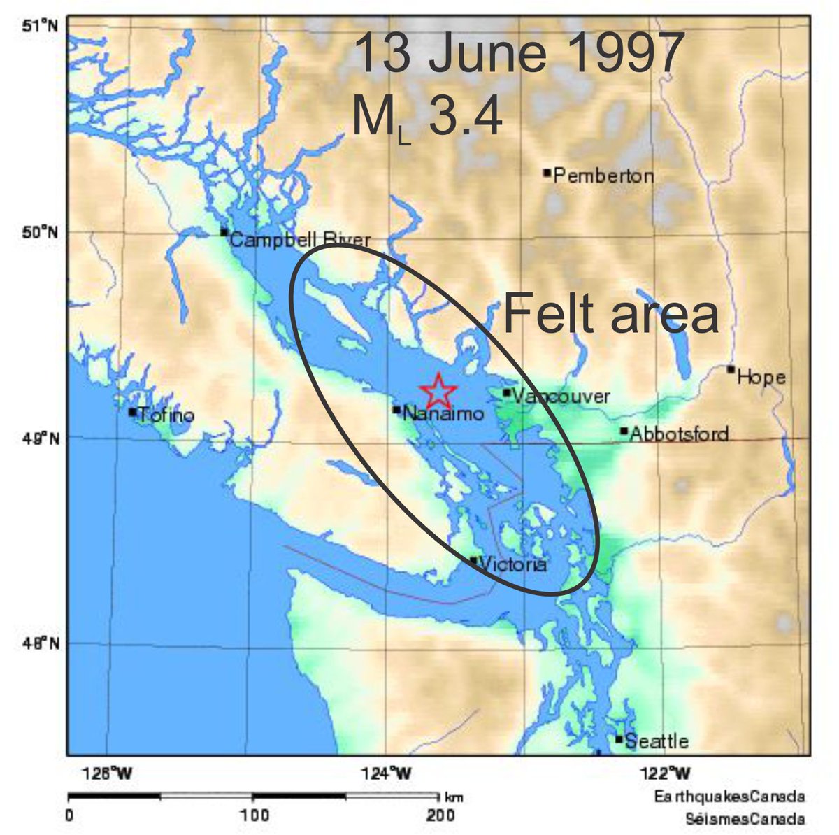 earthquakeguy's tweet image. 13 June 1997 - A M3.4 earthquake occurred west of #Vancouver, BC. No damage, but felt at Victoria, Nanaimo, Vancouver and the Sunshine Coast