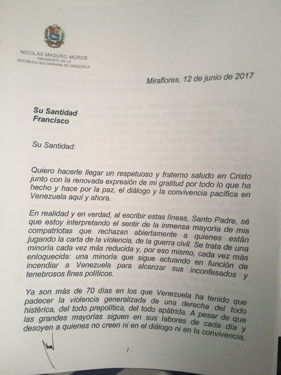 La carta que le envió hoy Nicolás Maduro al Papa Francisco 