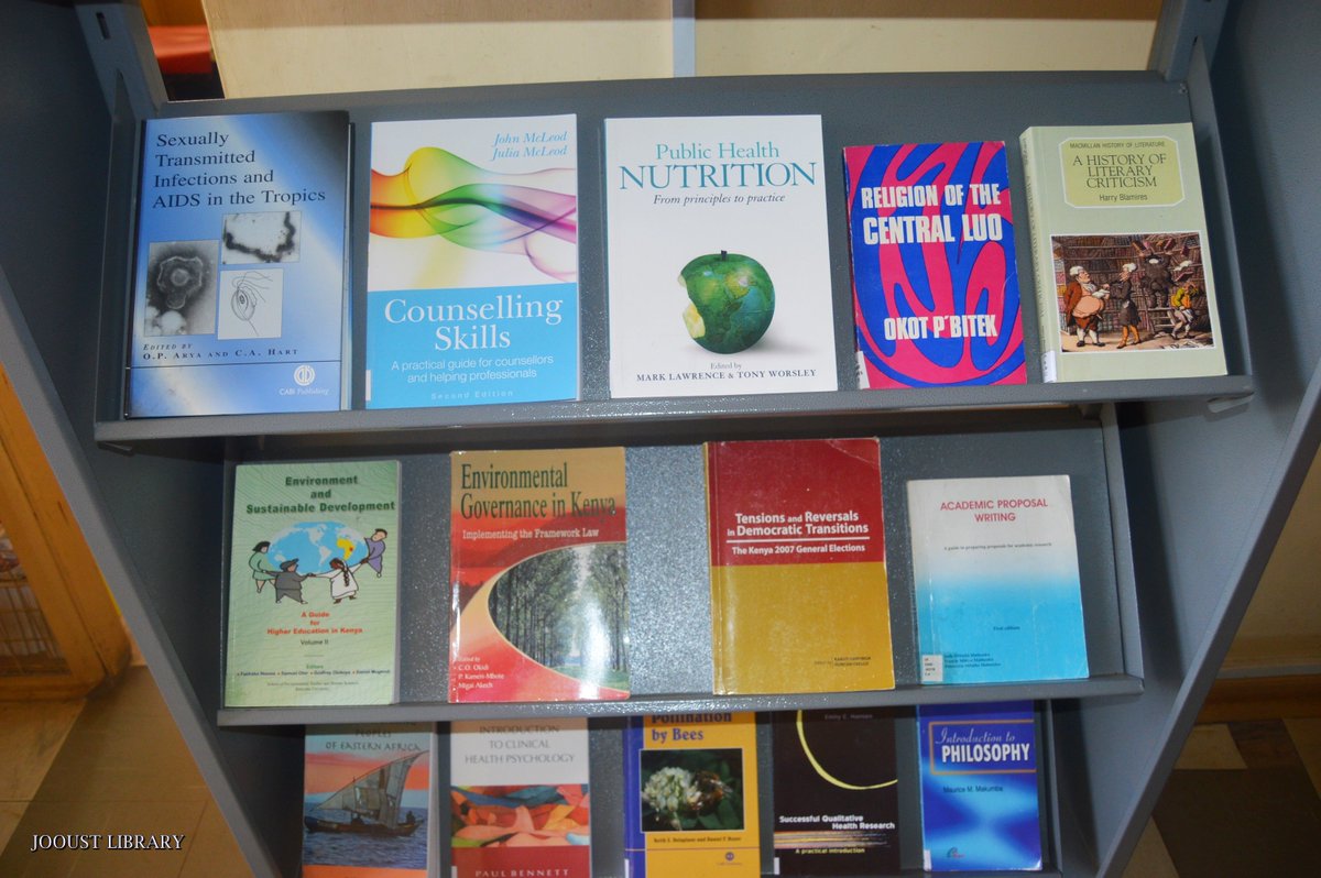 JOOUST_LIB's tweet photo. More books are out! Check out the titles on display, for your taste 🙂 @Kampozone1 @jooust_ecampus @JooustCu @JOOUST_official @JOOUST_Live https://t.co/JsUdn80YVF