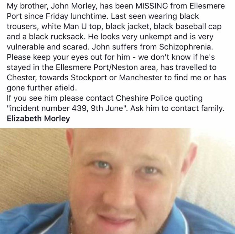 rkharm's tweet photo. MISSING PERSON: My cousin John Morley is MISSING from Ellesmere Port area. Please look out for him and share with as many people as you can. https://t.co/rStWK5hdiM