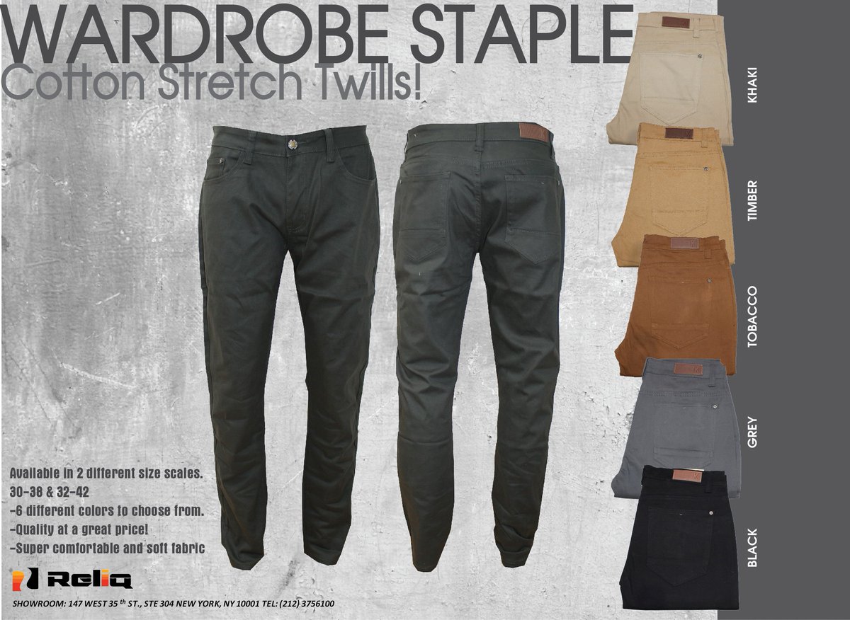 Reliqinc's tweet photo. Available for #wholesale men's cotton stretch twills comes in 2 scales 30-38 &amp; 32-42. For orders email jasmin@reliqinc.com #MensWear #NYC https://t.co/Dl6DHsAkHg
