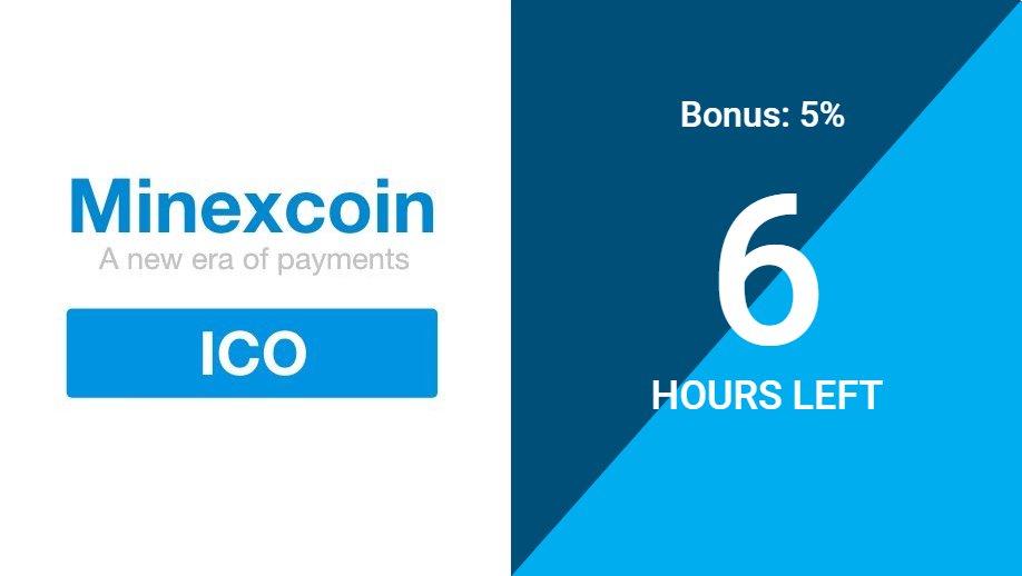 minexcoin's tweet photo. 6 hours left to get 5% bonus participating in Minexcoin ICO!
All investments are escrowed.

Join: https://t.co/P8aKGt5IRD https://t.co/jJAVCnGS0W