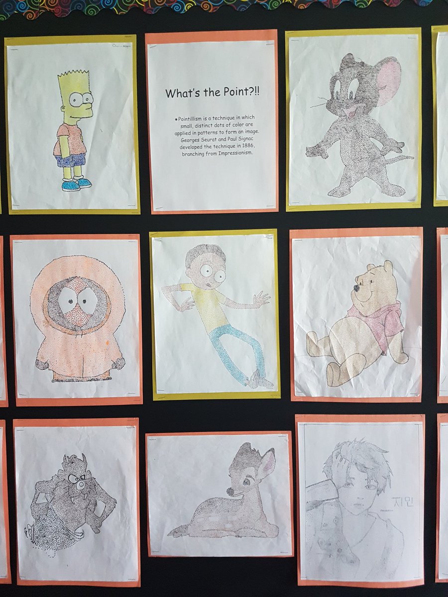 nmjokinen's tweet photo. "Pointing" out some fantastic art in Ms.Jokinen's Grade 7 class @MapleGrovePS @SCDSB_Schools #pointilism #tinydots #funwithcharacters https://t.co/pfugpfRwaN