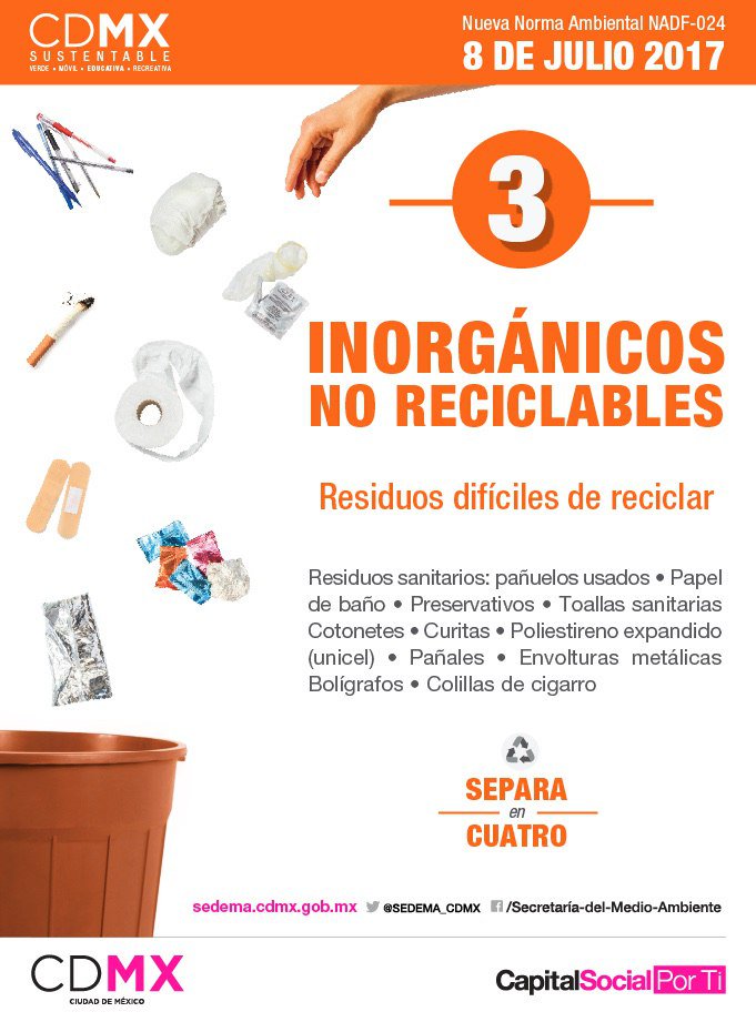 tmullergarcia's tweet photo. #Entérate Ahora la #SeparaciónResiduosCDMX se dividirá en: orgánicos, inorgánicos reciclables, inorgánicos no reciclables y voluminosos https://t.co/OJH9B7Qy9K
