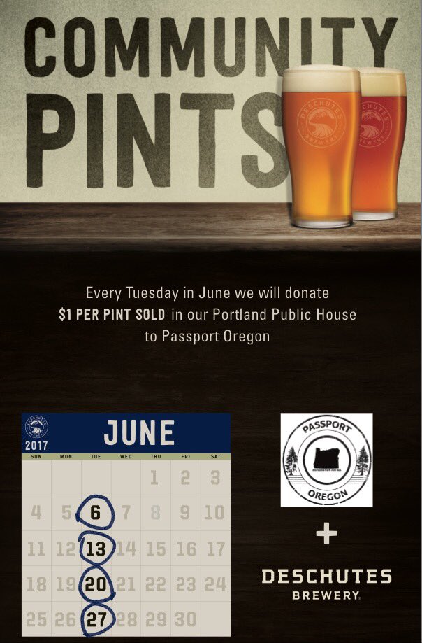 DeschutesPDXPub's tweet photo. It's #CommunityPints Tuesday & we're donating $1 per pint sold to our friends at #PassportOregon! π» #worthsharing #nonprofit #beer #beerme https://t.co/8Z47YlO5IB