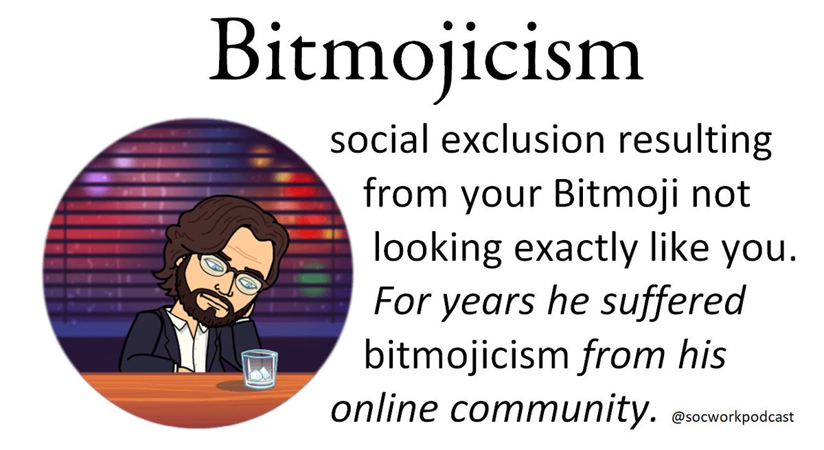 socworkpodcast's tweet photo. Have you experienced Bitmojicism or Bitmoji privilege? #Bitmojiwar #socialwork https://t.co/5mU9RPsy4i