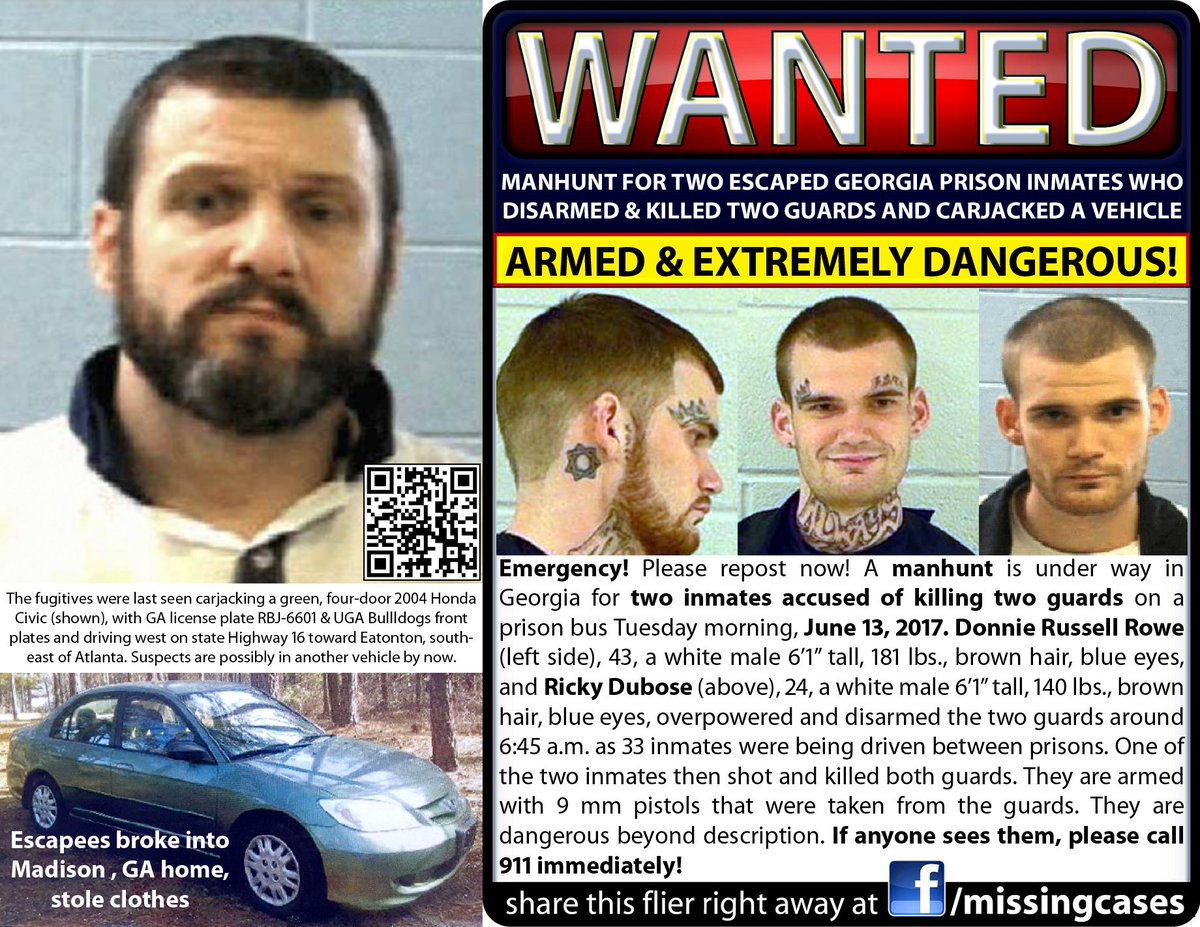 MissingCases's tweet photo. RT! It could save a life! Manhunt for 2 escaped #Georgia prisoners accused of killing two guards: WANTED Donnie Russell Rowe &amp; Ricky Dubose https://t.co/2TSXclbr1A