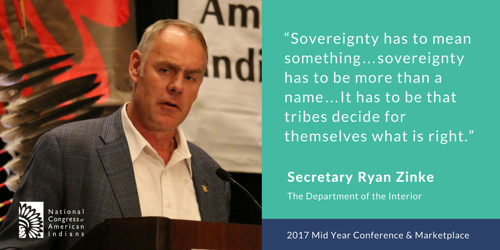 NCAI1944's tweet photo. Department of the @Interior @SecretaryZinke addresses tribal leaders &amp; promises equal partnership w/tribes #tribalsovereignty. #NCAIMY17 https://t.co/Tnb6gN1SKo