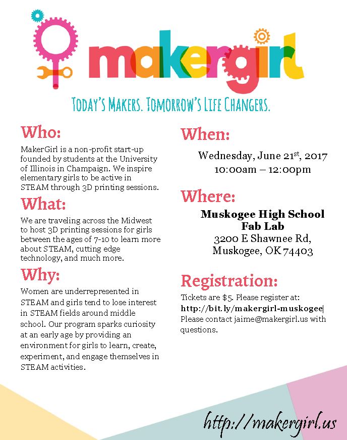 PortMuskogee's tweet photo. Spots open for the @_MakerGirl Muskogee @MPSFabLab on 6/21 #girlsinSTEM #madeinmuskogee Register here: https://t.co/6QlnFKRgJD https://t.co/pM3wGEii97