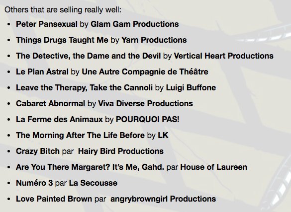 LPB_Fringe2017's tweet photo. CHECK IT OUT! We made one of the best selling lists on @Fringemtl website! Check us out TOMORROW at 8PM! #LPBFringe #mtlfringe #fringebuzz https://t.co/cGJnzcrm9G