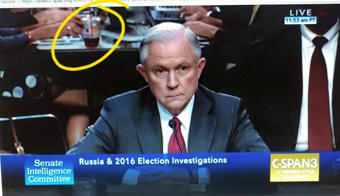 JeremyJLy's tweet photo. I'm on #TeaWatch. Will reporter's iced tea last entire hearing. She's taking small sips right now. #JeffSessions https://t.co/EOzfC0jLmQ
