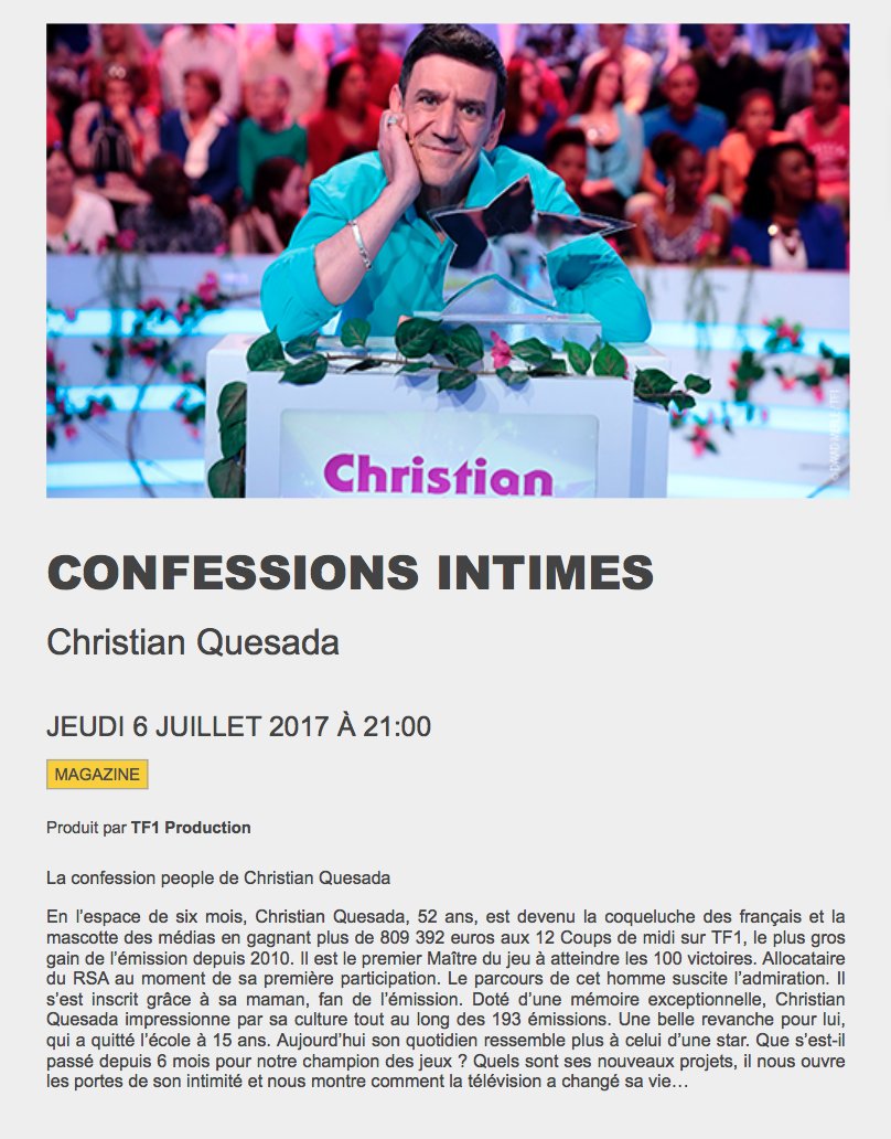 ZoomDesMedias's tweet image. Numéro de #ConfessionsIntimes jeudi 6 juillet à 21h sur @nt1 avec Christian des 12 Coups de Midi. Cc @Tof_Beaugrand