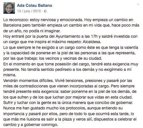 Fa 2anys vaig ser investida alcaldessa de Bcn i vaig escriure això a FB. Avui subscric cada paraula amb la mateixa convicció #Dosanysdesprés