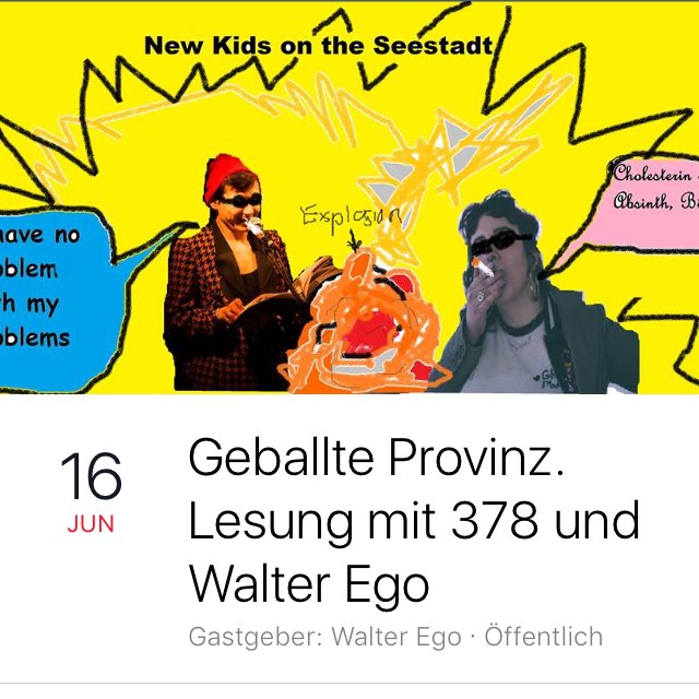 WalterxEgo's tweet photo. Ich lese wieder am Wochenende. Diesmal mit 378. #lesung #wien #seestadt https://t.co/2mehpvLJUU https://t.co/VH8UOSw961