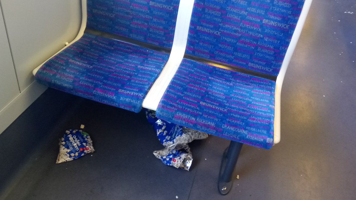 craig_halsall's tweet photo. @metrotrains Onboard 2549T on 1205 up #SandringhamLine, spilt popcorn all over carriage, will need cleaning https://t.co/TVwrUXmmWM