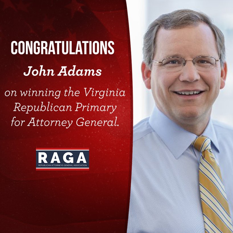 RepublicanAGs's tweet photo. RAGA Statement on the Virginia Primary Election Results and congratulations to @JohnAdamsforVA! https://t.co/tZ6UFNCVR6 #VAPrimaries @VA_GOP https://t.co/GzOA8dr24B