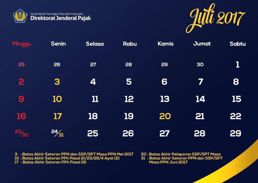 Kalender Pajak untuk Masa Juni - Juli 2017 dan tanggal layanan KPP di seluruh Indonesi setelah libur lebaran. #tweetpajak